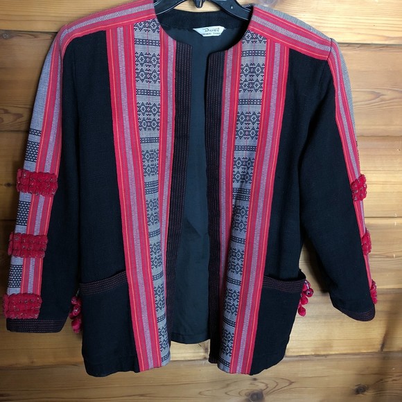 Vintage Red and Black Jacket from Thailand, incorporating ethnic weavings, XL - Picture 3 of 9